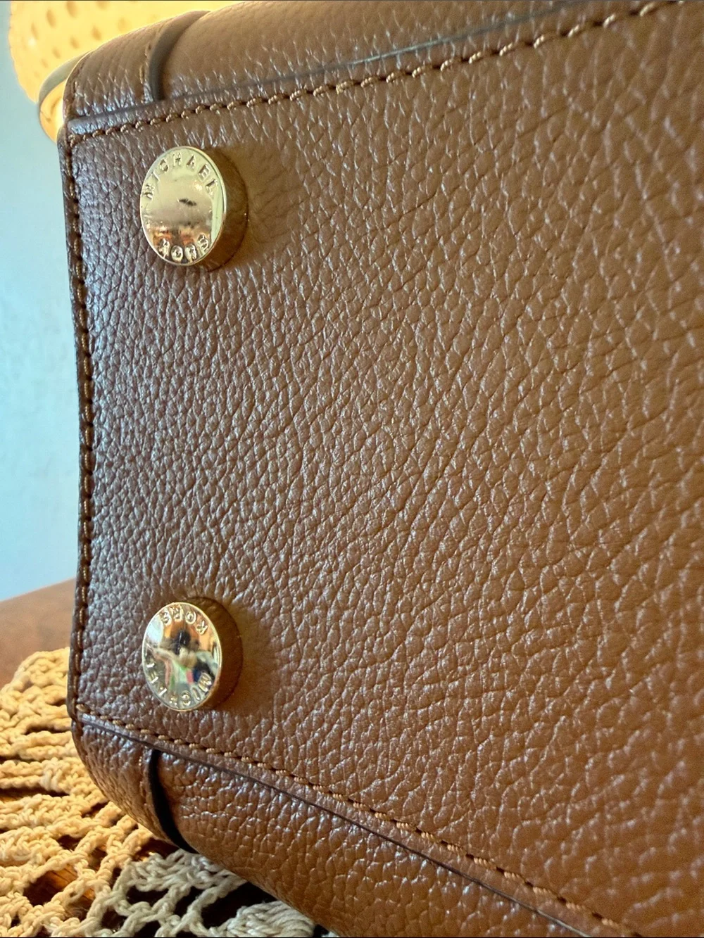 Michael Kors Brown Handbag with Yellow Woven Stripes